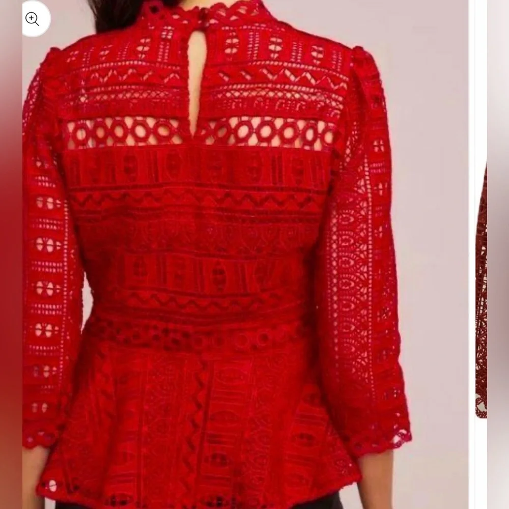 Anthro Moulinette Soeurs Red Lace Peplum Blouse Size 4 NWOT